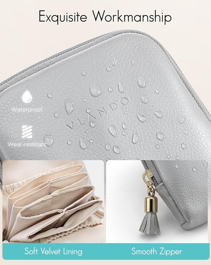 Vlando Small Travel Jewelry Case,Jewelry Pouch Bags with Zipper,Velvet Jewelry Organizer Storage Bag for Bracelet Rings Earring Travel Essentials-Grey