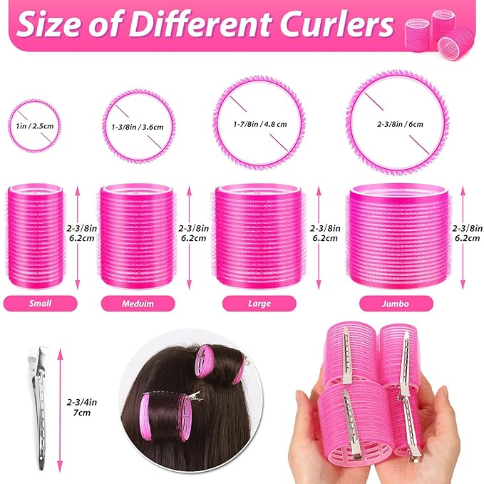 shynek Hair Rollers 48 Pcs Set, 24Pcs Hair Rollers 4 Sizes and 24 Pcs Hair Clips for Long Medium Short Hair (Pink)