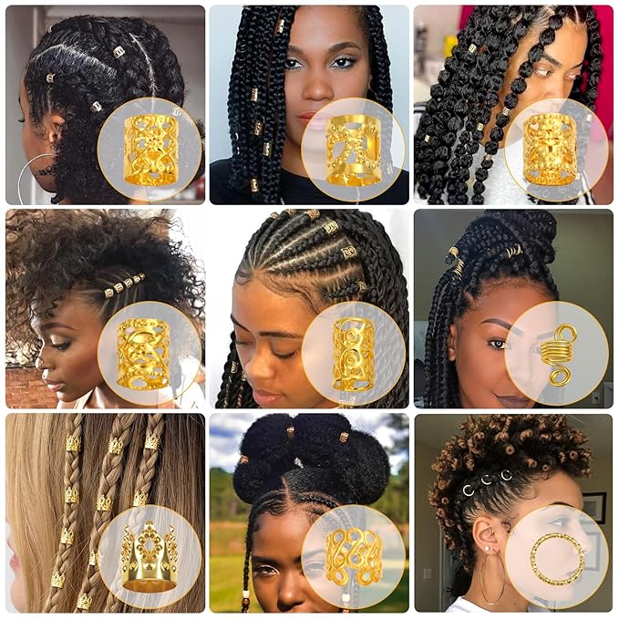Lucomb 220 Pcs Gold Hair Jewelry for Braids, Loc Jewelry for Hair Dreadlock, Loc Charms for Women, Metal Gold Braids Rings Cuffs Clips for Dreadlock Accessories Clip Braids Extensions Decorations