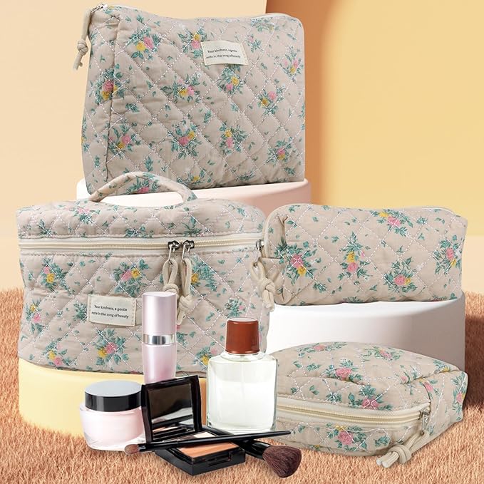 VIWIME Makeup Cosmetic Bag, Large Cotton Quilted Travel Coquette Aesthetic Cute Floral Make up Bag for Women Toiletry Bag Organizer (205- Yellow Red Rose / 4Pcs)