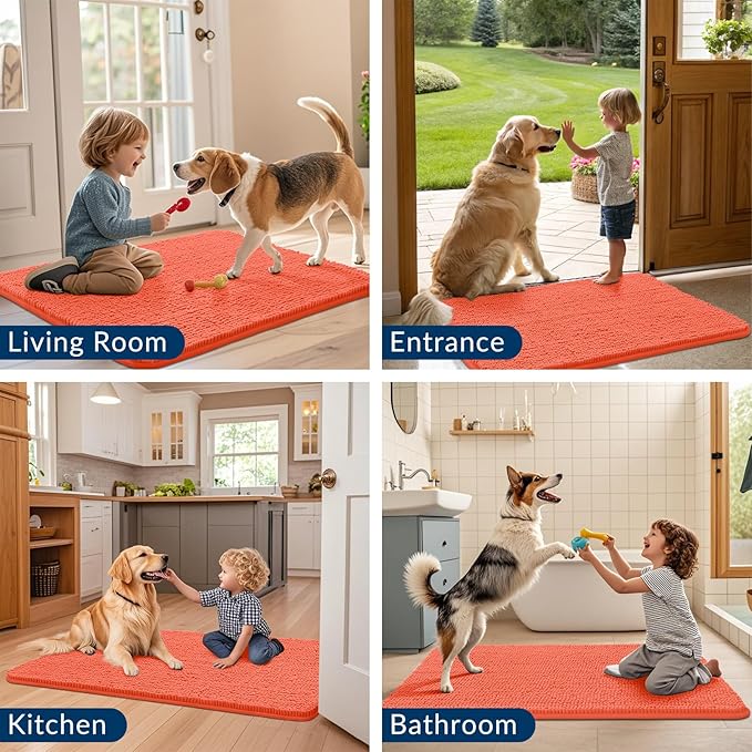 Smiry Dog Door Mat for Muddy Paws 36x24, Absorbs Moisture and Dirt Doormat, Non-Slip Washable Quick Dry Chenille Front Door Mat Indoor Entrance, Entryway Carpet for Inside Floor, Coral