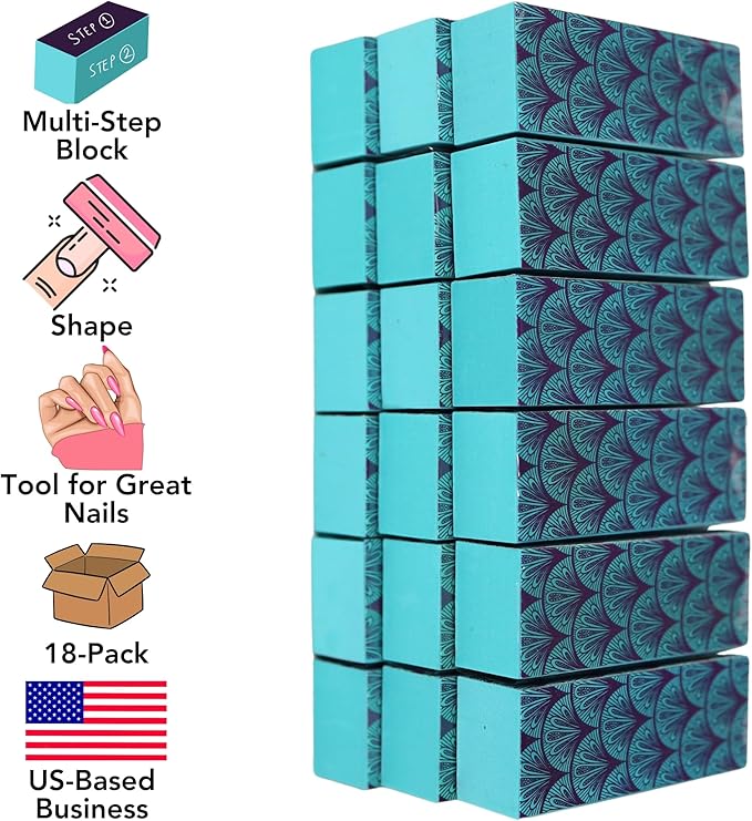 Iconikal Nail Buffer Block, 18-Pack, 3-Way Fingernail Shaping and Smoothing, Teal Damask