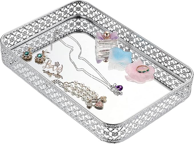 ELLDOO Perfume Mirror Tray Vanity Makeup Hollow-Carved Jewelry Organizer Glass Metal Trinket Storage Tray Home Decor Organizer for Dresser Bathroom Countertop,Silver,Medium Size