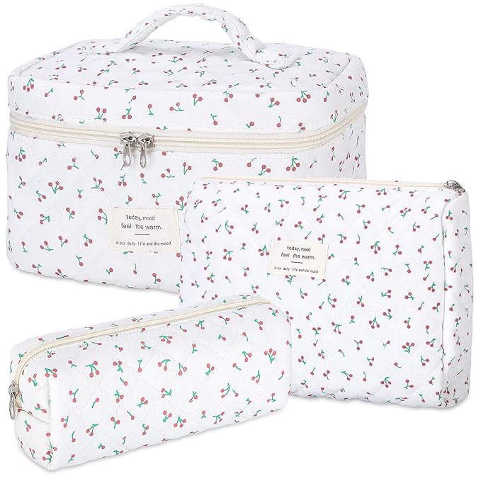 senbowe Floral Cherry Makeup Bag, 3 Pack Large Cotton Quilted Makeup Bag Set, Cute Floral Coquette Aesthetic Toiletry Bag Make Up Cosmetic Bag for Women, Toiletry Travel Make Up Organizer Bag