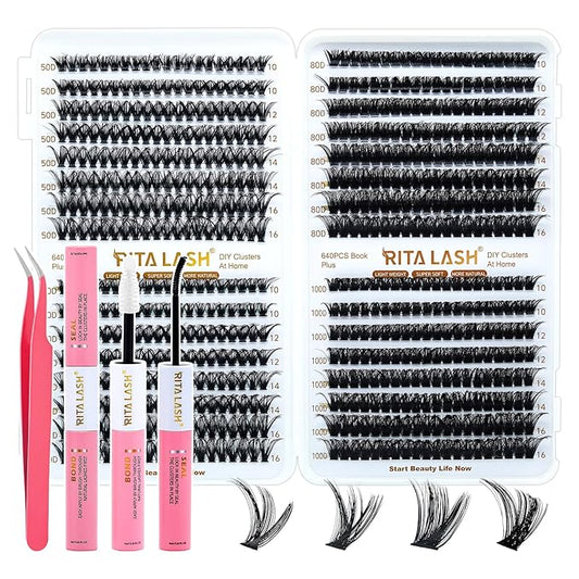 RITALASH Lash Extension Kit 50D+60D+80D+100D DIY Lash Clusters 640pcs Cluster Lashes Individual Lashes Eyelash Extension Kit with Lash Bond and Seal,Lash Tweezers(50D+60D+80D+100D Kit,10-16mm Mixed)