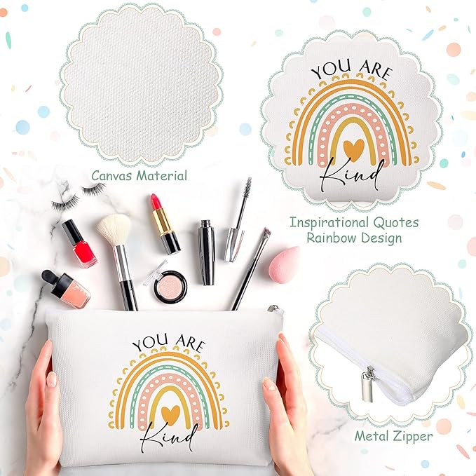 Coume 10 Pcs Valentines Canvas Makeup Bags Bulk, Inspirational Quotes Cosmetic Zipper Encouragement Travel Pouch Toiletry Bag Women Teacher Friend Birthday Gift(Multicolor,Rainbow)
