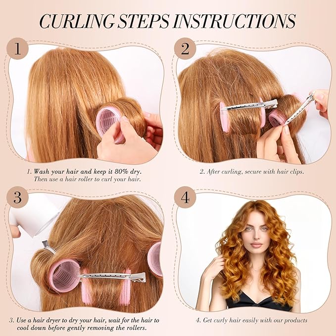 Obeoby 4 Sizes Hair Rollers for Women, Hair Curlers with Clips Comb Curlers for Long Short Curly Hair and Bangs (25, 36, 48, 60mm), Pink Valentines Day Gifts