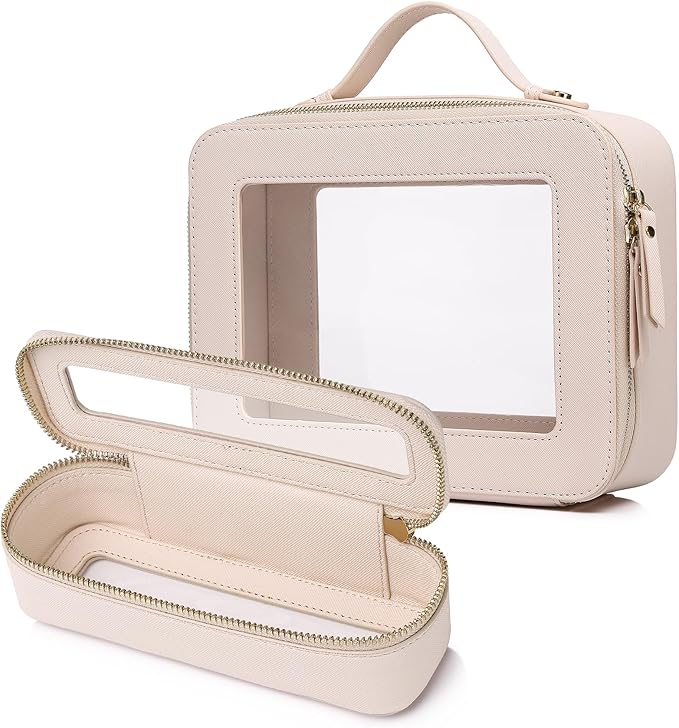 Clear Travel Makeup Bag with Brush Bag Portable Transparent Cosmetic Bag and Toiletry Bag Waterproof Clear Makeup Bag with Zipper Car Bag for Women (Beige, L+Slim)
