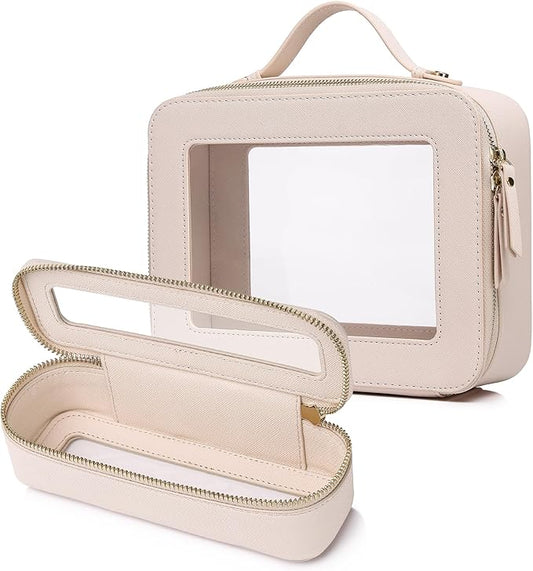 Clear Travel Makeup Bag with Brush Bag Portable Transparent Cosmetic Bag and Toiletry Bag Waterproof Clear Makeup Bag with Zipper Car Bag for Women (Beige, L+Slim)