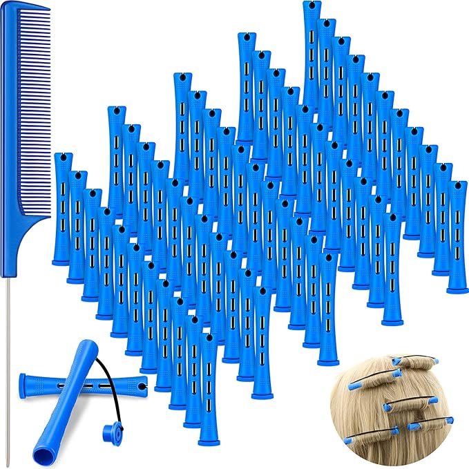 WILLBOND 60 Pcs Perm Rods for Short Long Hair Plastic Cold Wave Perming Curlers Small Hair Curling Rollers with Steel Pintail Rat Tail Kit for Women Hairdressing Styling Supplies(0.35 Inch,Blue)