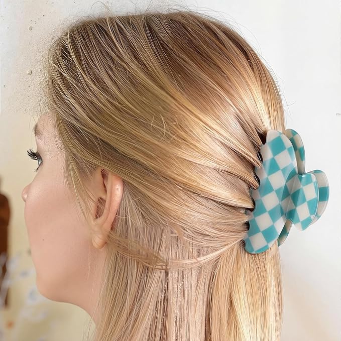 8 Pcs Large Acrylic Hair Claw Clips for Women Non-slip Strong Hold Jaw Clamps for Thick Thin Hair(Checkerboard,Neon Color)