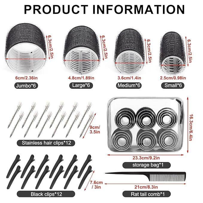 4 Sizes Hair Rollers Set with Clips - 50 Pcs Hair Curlers Rollers for Women, Self Grip Holding Hair Roller for Hair Long Medium Short Bangs Thick Fine Volume Thin, Black