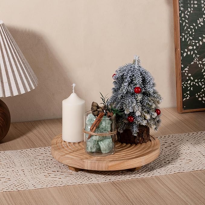 Round Decorative Tray Farmhouse Bathroom Decor Wood Riser Kitchen Countertop Organizer for Perfume, Candle, Plant, 10 inch Burlywood