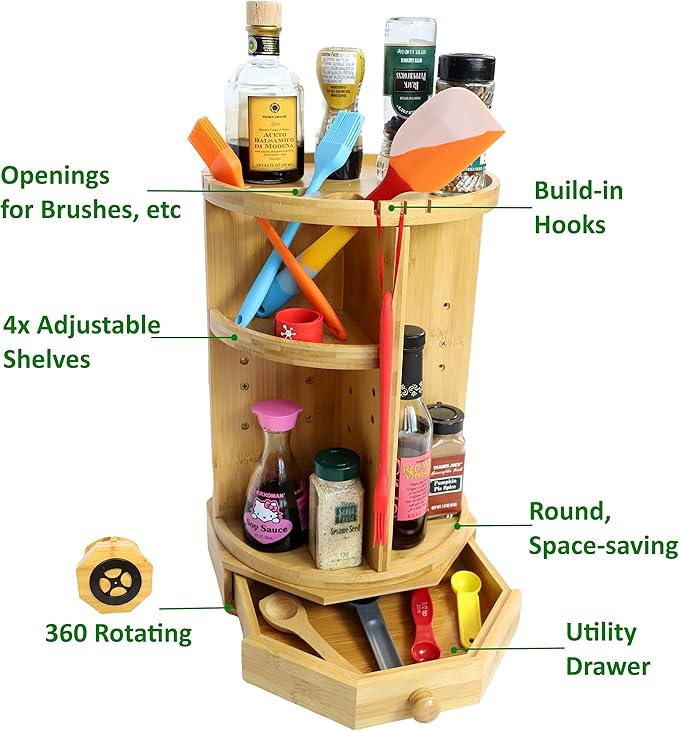 Bamboo Rotating Makeup Organizer with Adjustable Shelves & Drawer - Multipurpose Storage Carousel for Vanity, Bathroom, Kitchen, Bedroom, Desk