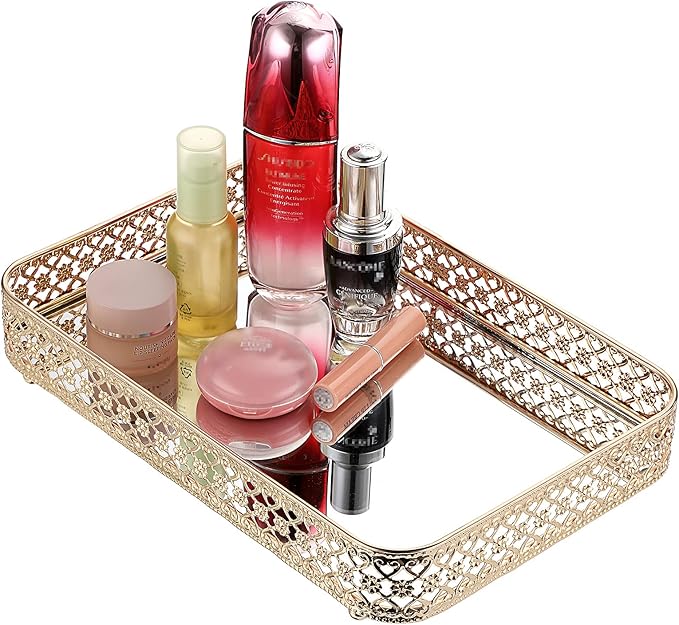 ELLDOO Perfume & Makeup Vanity Tray - Hollow-Carved Jewelry Storage, Glass & Metal Trinket Organizer for Dresser & Bathroom Countertop, Gold, Medium Size
