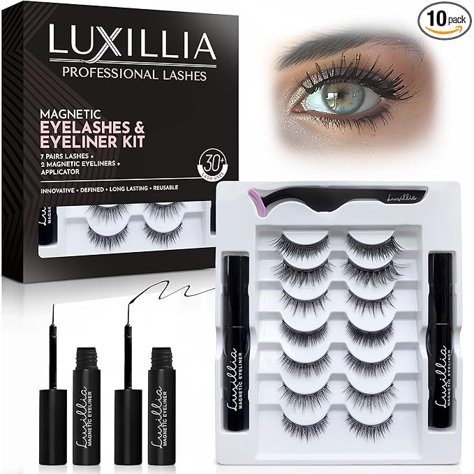 Luxillia 10-Piece Magnetic Eyelashes with Applicator & Magnetic Eyeliner Kit – Reusable Natural Magnetic Lashes – Easy Apply Lash Kit for Beginners – Waterproof, Short & Dramatic Looks