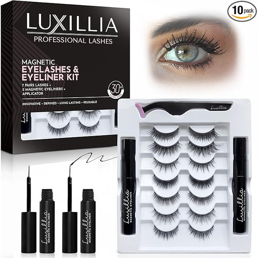 Luxillia 10-Piece Magnetic Eyelashes with Applicator & Magnetic Eyeliner Kit – Reusable Natural Magnetic Lashes – Easy Apply Lash Kit for Beginners – Waterproof, Short & Dramatic Looks