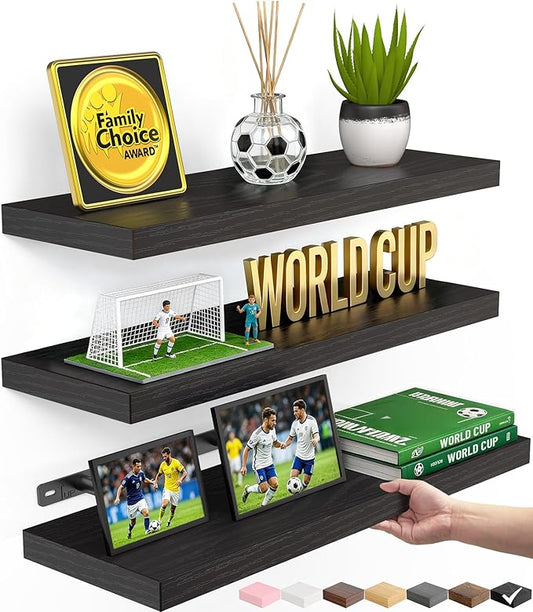 BAYKA Floating Shelves for Wall, Wall Mounted Rustic Wood Shelves for Bathroom, Bedroom, Living Room, Kitchen, Hanging Shelf for Books/Storage/Room Decor with 22lbs Capacity (Black, Set of 3, 15.7in)