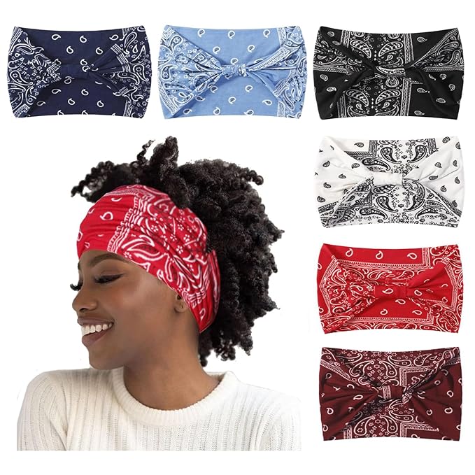 Artilady Wide Bandana Headbands for Women-Boho Bandeau Head Band Bohemian Paisley Red Headwrap Soft Athletic Elastic Sweat Non Slip Hair Bands for Curly Hair Accessories 6 PCS