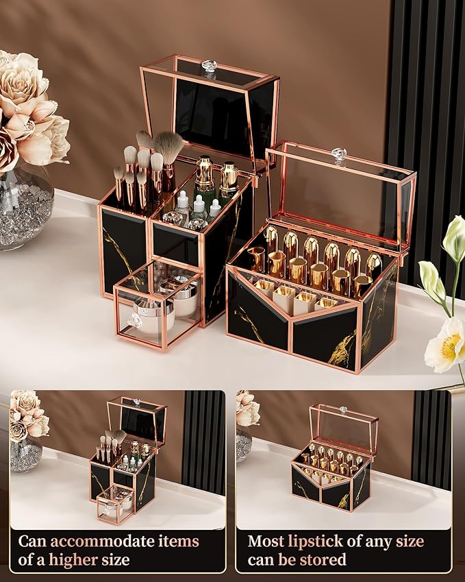 black makeup organizer – Vanity Holder with 18-Slot Lipstick Organizer & Covered Makeup Brush Holder – Skincare, Perfume & Cosmetic Display for Bathroom or Dresser