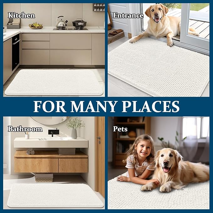 OLANLY Dog Door Mat for Muddy Paws 47x24, Absorbs Moisture and Dirt, Absorbent Non-Slip Washable Doormat, Quick Dry Chenille Mud Mat for Dogs, Entry Indoor Entryway Carpet for Inside Floor, Ivory