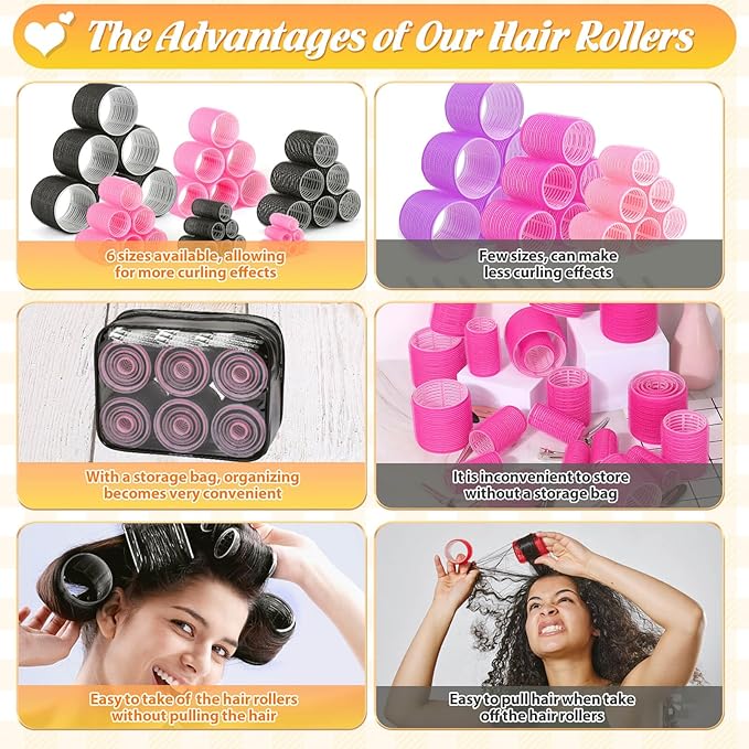 6 Size Hair Rollers for Women, 62 Pcs Rollers Hair Curlers for Blowout Look Long Medium Short Hair, Jumbo Large Medium Small Self Grip Curlers with 36 Roller 24 Clips 1 Storage Bag