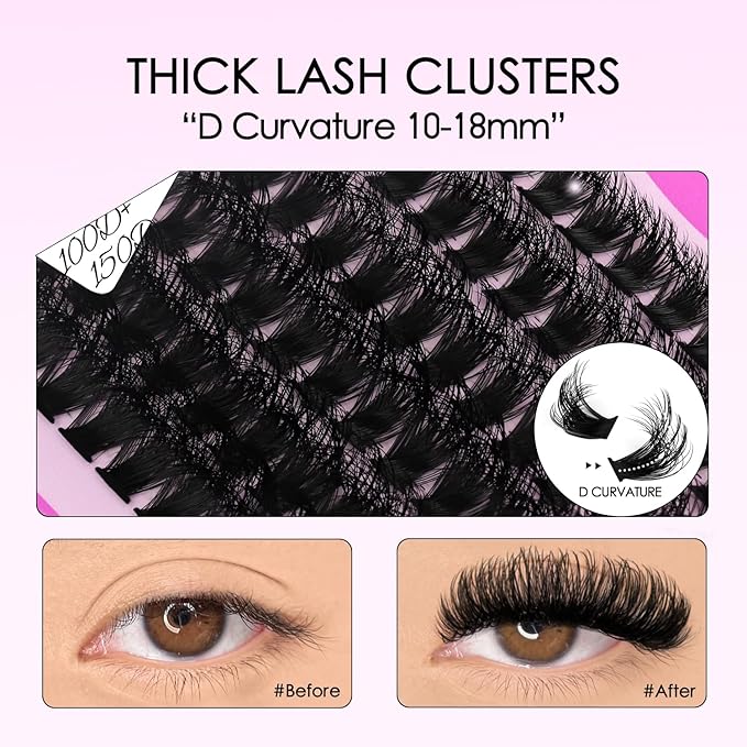 SOFENIDA Lash Clusters Eyelash Clusters 100D+150D Thick Volume Cluster Eyelash Extensions D Curly Cluster Lashes 10-18mm Wispy Lash Clusters DIY Lash Extension (100D+150D-10-18MIX Lashes)