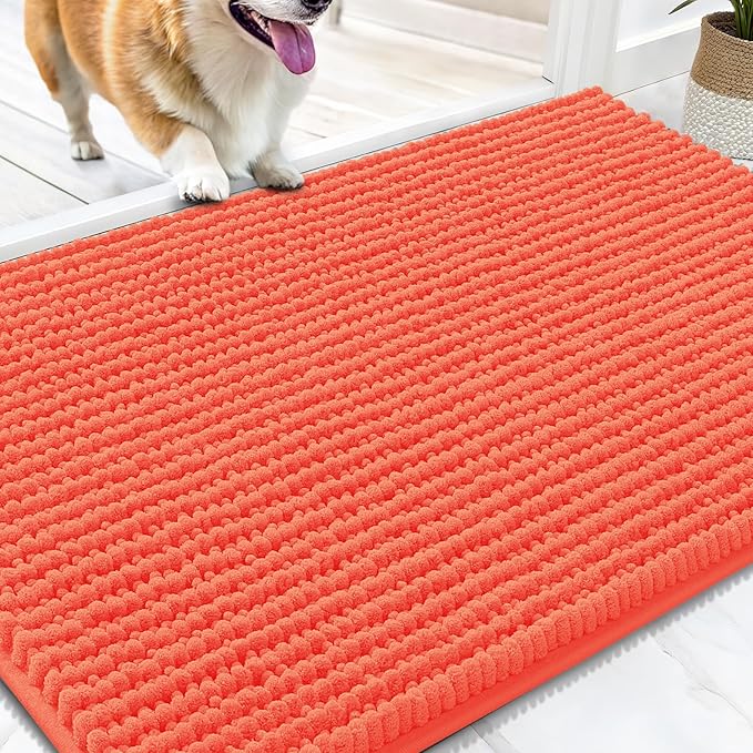 OLANLY Dog Door Mat for Muddy Paws 34x21, Ultra Absorbent Chenille Mud Doormat, Non-Slip Washable and Dirt Trapping Doormat for Indoor Entryway, Quick-Dry Indoor Pet Bed Mats for Dogs, Coral