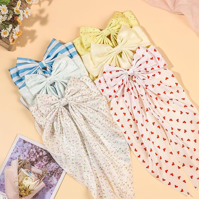6 PCS Hair Bows for Women, Big Bow Hair Clips for Girls, Silky Satin Hair Bows Clips Oversized Long Tail, Large Cute Aesthetic Hair Accessories, Metal Bow Hair Clips Holiday Gifts