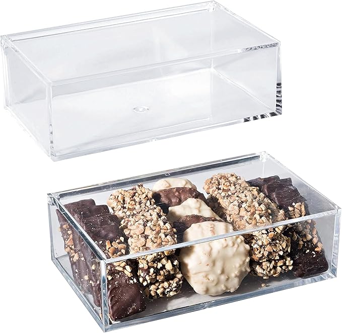 Hammont Clear Acrylic Box with Hinged Lid – Small Plastic Organizer for Office, Desk, Makeup, Crafts, Cotton Balls, Jewelry & More | 6.5"x3.5"x2" (2 Pack)
