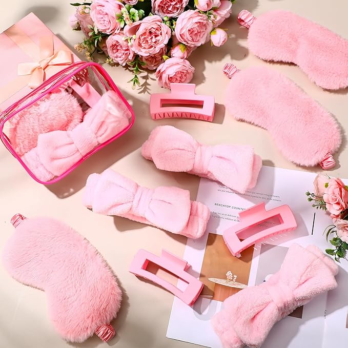 Hoteam 24 Pcs Galentine Spa Party Favors Supplies 6 Spa Headband 6 Plush Sleep Eye Mask 6 Hair Claw Clips 6 Clear Cosmetic Bags for Adult Sleepover Slumber Party Valentine Gift(Pink)