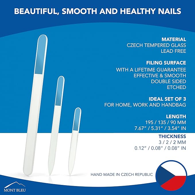 Glass Nail File - Mont Bleu Premium Set of 3 Crystal Nail Files in Pouch - Handmade Gifts - Best Glass Nail Files for Natural Nails - Washable Double Sided Nail File - Etched Nail Files