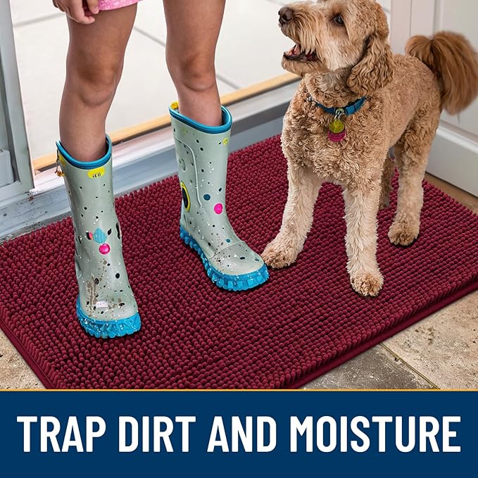 Smiry Dog Door Mat for Muddy Paws 30x20, Absorbs Moisture and Dirt Doormat, Non-Slip Washable Quick Dry Chenille Front Door Mat Indoor Entrance, Entryway Carpet for Inside Floor, Burgundy