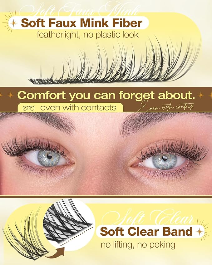 Natural Lash Clusters 8-16MM Wispy Eyelash Clusters with CC-Curly & Clear Band Pestañas Postizas Naturales 144Pcs DIY Eyelash Extensions at Home, Easy to Wear For Daily Makeup