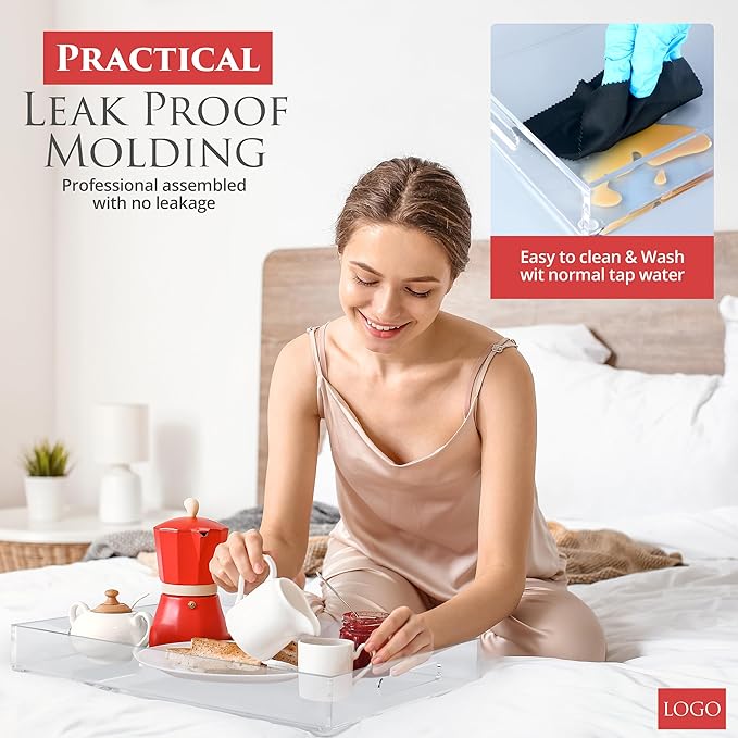 Acrylic Tray 14x11 with Cut Handles - Spill Proof Decorative Tray is an Ideal Countertop Organizer for Living Rooms, Ottoman Coffee Tables, Offices, Kitchens & Serving Guests