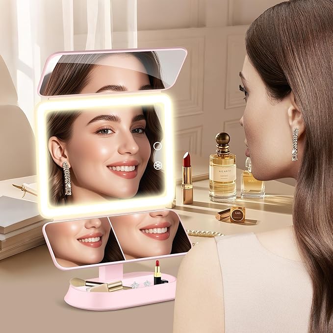 Vanity Mirror with Lights, Lighted Makeup Mirror with 30X/10X/5X Magnification, Rechargeable Trifold Mirror with 3 Color & Adjustable Brightness, Travel Makeup Mirror with Lights for Desk