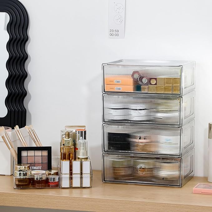 5-Tiers Makeup Organizer with Drawer for Vanity, Stackable Bathroom Storage Box for Beauty Essentials, Skincare Products, Cosmetic Brushes, Perfume Stand, Clear Lipsticks Holder