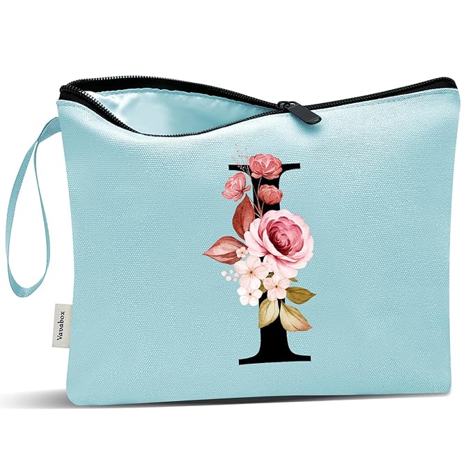 Vavabox A-Z Personalized Makeup Bag, Birthday Gifts for Women Mom, Gifts for Best Friend, Bride Bridesmaid Cosmetic bag (I, Green)