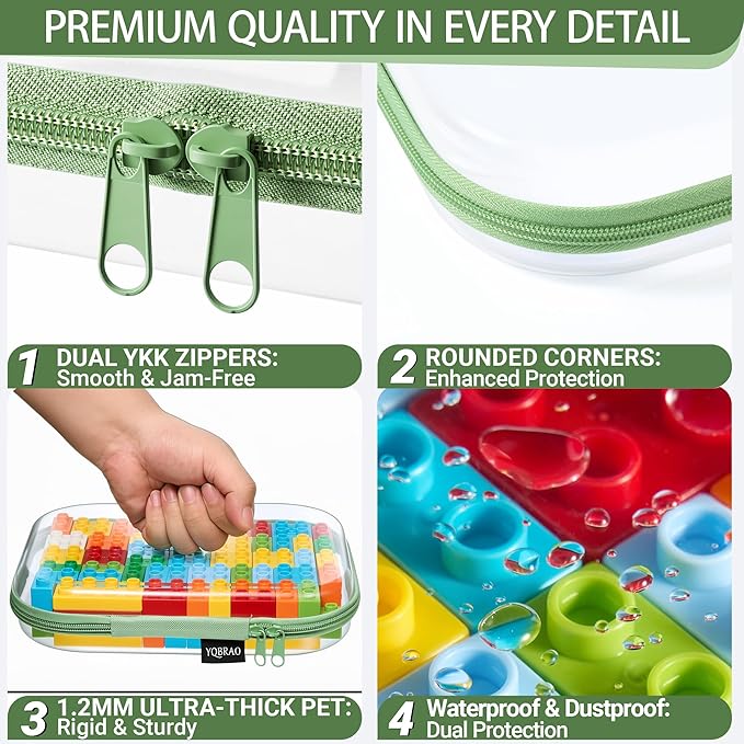 YQBRAO 3-Pack Clear Hard Shell Zipper Case Green, 1.2mm Heavy-Duty Crush-Proof Travel Makeup Bag, Multi-Size (L+M+S) Diaper Bag Organizer Pouches, Rigid Clear Zipper Pouches for Tech, Toys & Home