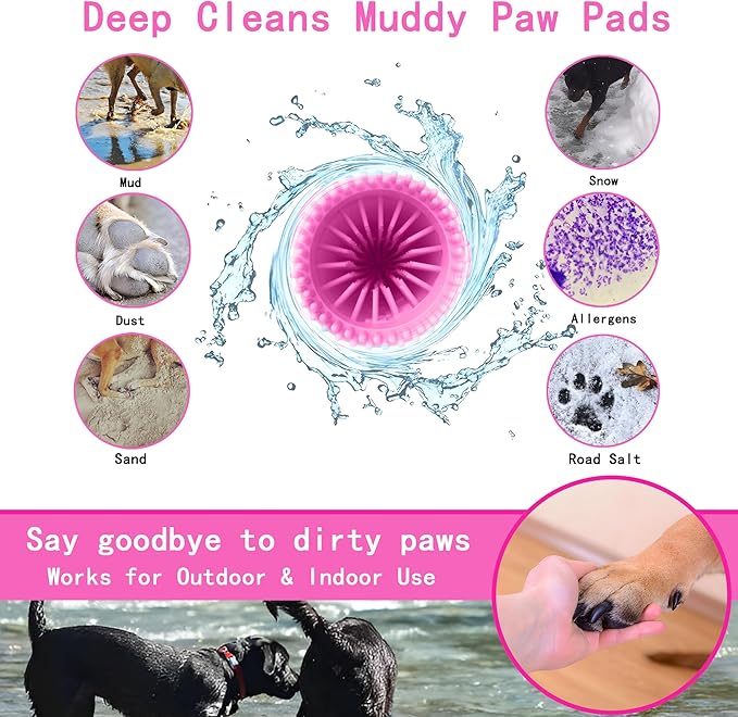 Dog Paw Cleaner Kit for Medium & Small Dogs - Quick Clean No Full Bath, 2-in-1 Paw Wash Cup with Detachable Silicone Brush Head, Includes Bath Brush & 3 Absorbent Towels, Pink