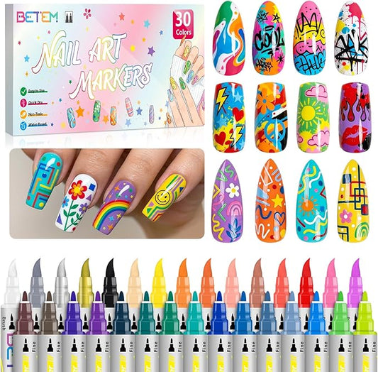 Betem Nail Art Pens Set, Dual Tip 30 Colors Nails Art Markers Non-Toxic, Quick-drying Nail Polish Pens, Acrylic Nail Kit for Home & Salon DIY, Easy French Manicure Tool, Gifts for Mom, Friends