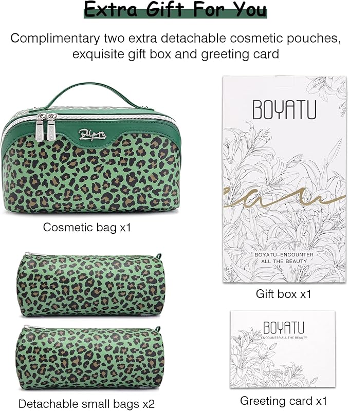 BOYATU Travel Makeup Bag for Women: 3 Pcs Set Portable Make up Bags with Handle - Leopard Print Cosmetic Bags with Comparments - Waterproof Vegan Leather Toiletry Bag (09-Green)