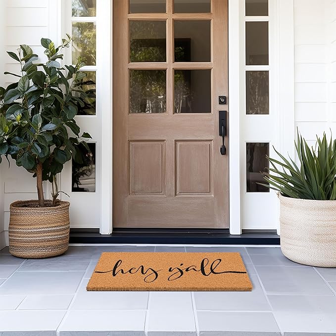 Barnyard Designs Natural Coco Coir Heavy Duty Backing Doormat - Large Cute Non-Slip Front Door Welcome Mat for Outside Entrance or Porch Entry, Brown (17x 30, Y'all)