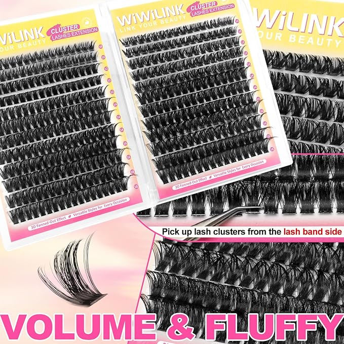 Fluffy Lash Clusters Kit 408Pcs, Wispy Volume (80D/100D) D-Curl Cluster Eyelash Extensions 10-18mm + Bond & Seal Glue + Tweezers - Reusable 15+ Times, Natural to Dramatic Volume