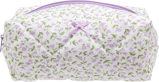 PAZIMIIK Cozy Makeup Bag Travel Cosmetic Bag for Women Soft Toiletry Bag Aesthetic Makeup Organizer Portable Large Zipper Pouch for Skincare Beauty Accessories Brushes Floral Purple
