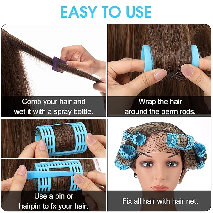 WILLBOND 65 Pieces Magnetic Hair Rollers Set Plastic Rollers Curlers with Clips 4 Sizes for Long Medium Short Hair, Duck Clips Hairnet Hairdressing Styling Tool(Blue)