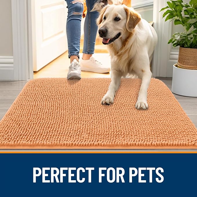 OLANLY Dog Door Mat for Muddy Paws 47x24, Absorbs Moisture and Dirt, Absorbent Non-Slip Washable Doormat, Quick Dry Chenille Mud Mat for Dogs, Entry Indoor Entryway Carpet for Inside Floor, Orange