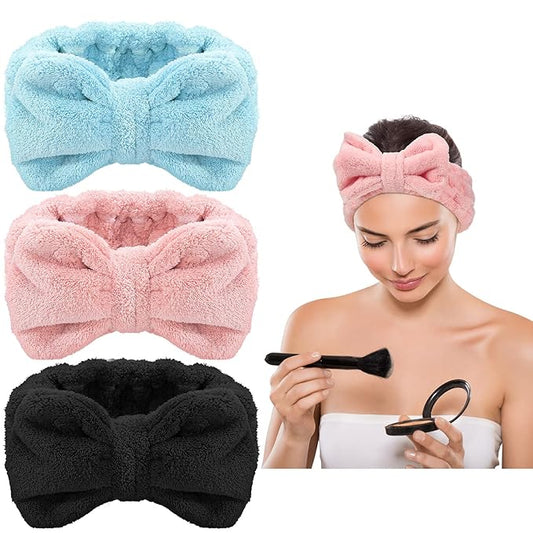 3 Pieces Towel Headbands for Women Makeup Headband for Washing Face Makeup Spa, Microfiber Bowtie Shower Hairband for Women (Pink, Blue, Black)