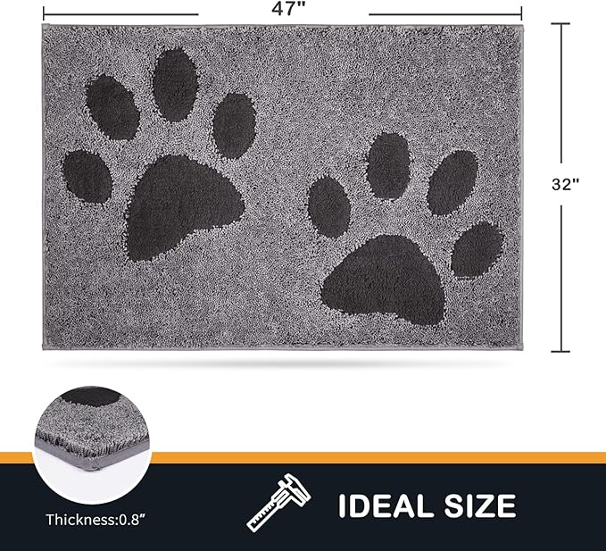 PURRUGS Dirt Trapping Door Mat 32" x 47", Non-Skid/Slip Machine Washable Microfiber Entryway Rug, Dog Doormat, Super Absorbent Welcome Mat for Muddy Wet Shoes and Paws, Grey