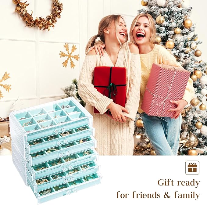 Lolalet Earring Holder Organizer Box Jewelry Storage with 6 Drawers, Clear Acrylic Stackable Earring Case with Adjustable Velvet Trays for Women on Dresser Vanity -Aqua, 6 Layers